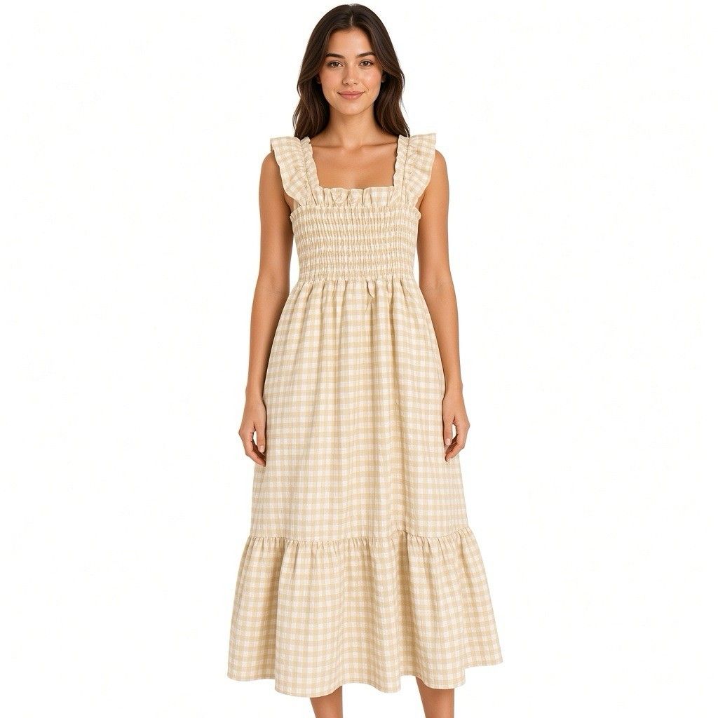 Chou Yatou Womens Small Flutter Ruffle Sleeve Smocked Gingham Maxi Pockets Dress